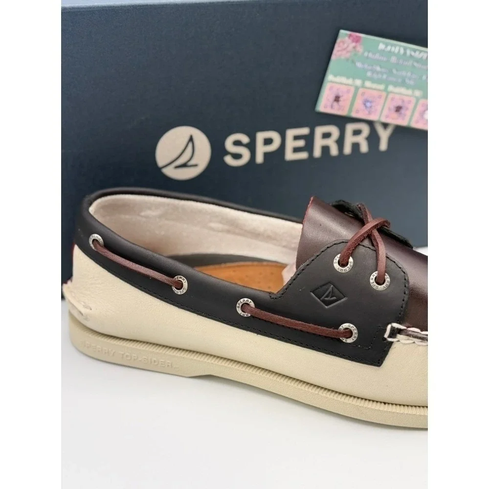 Sperry Top-Sider AO 2-Eye Boat Shoe Cream/Brn Combo Leather Mens Size 11.5 NWT